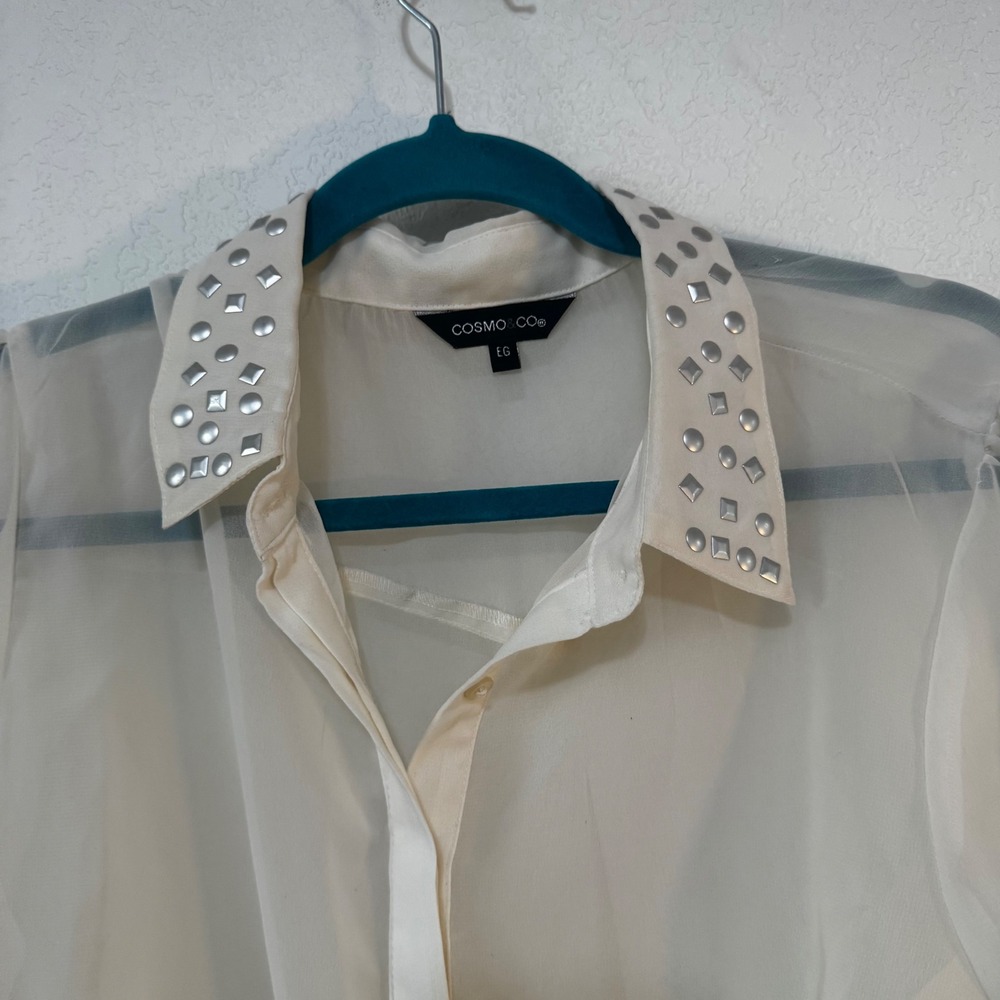 COSMO & CO Sheer Embellished Collar Button Up Blouse Cream EG - Picture 3 of 5